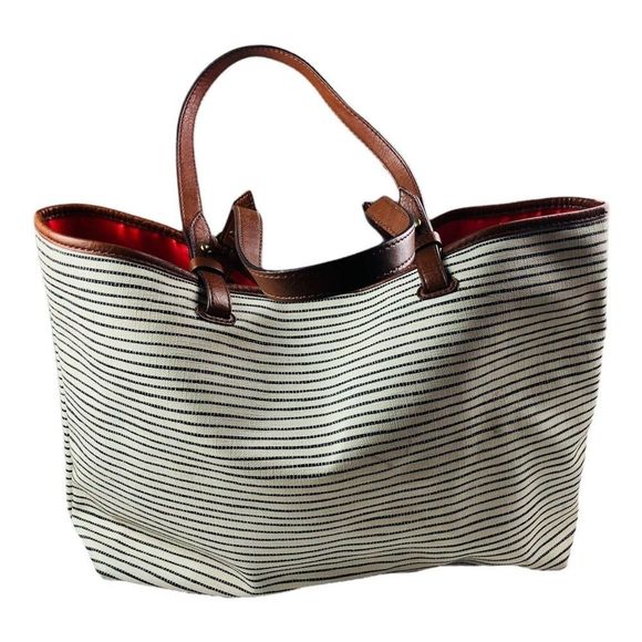 Fossil Rachel Black and Cream Striped tote shopper bag purse leather handles - Picture 2 of 9